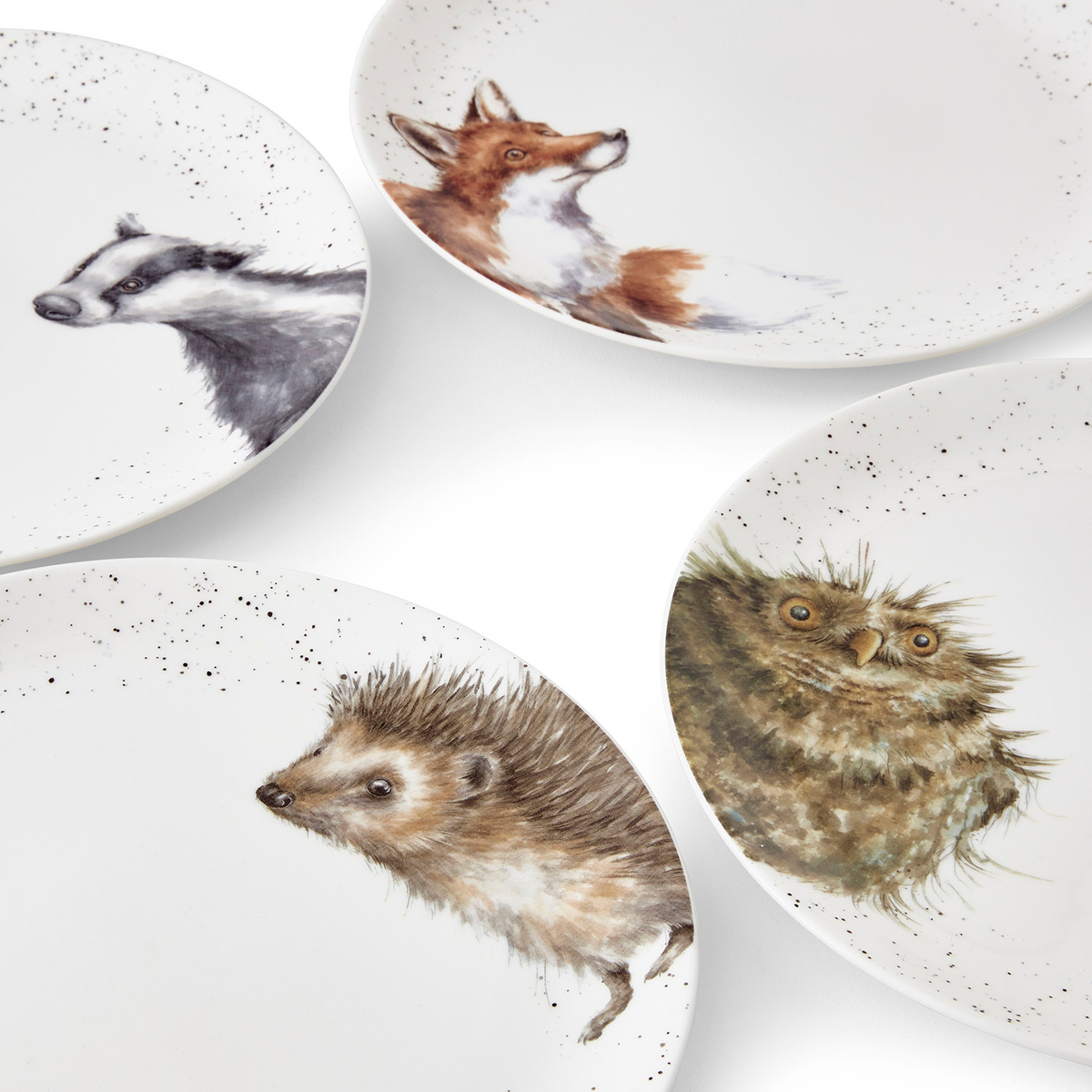 Wrendale Designs Coupe Plates S/4 Assorted. Badger, Hedgehog, Fox, Owl image number null